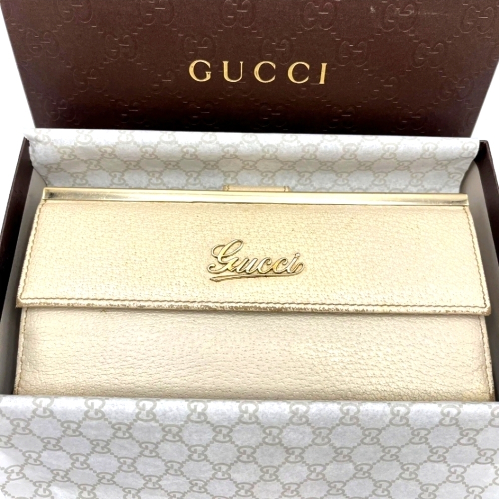 🤍▪️GUCCI ▪️GG purse long wallet ivory Italy Cow Leather plate